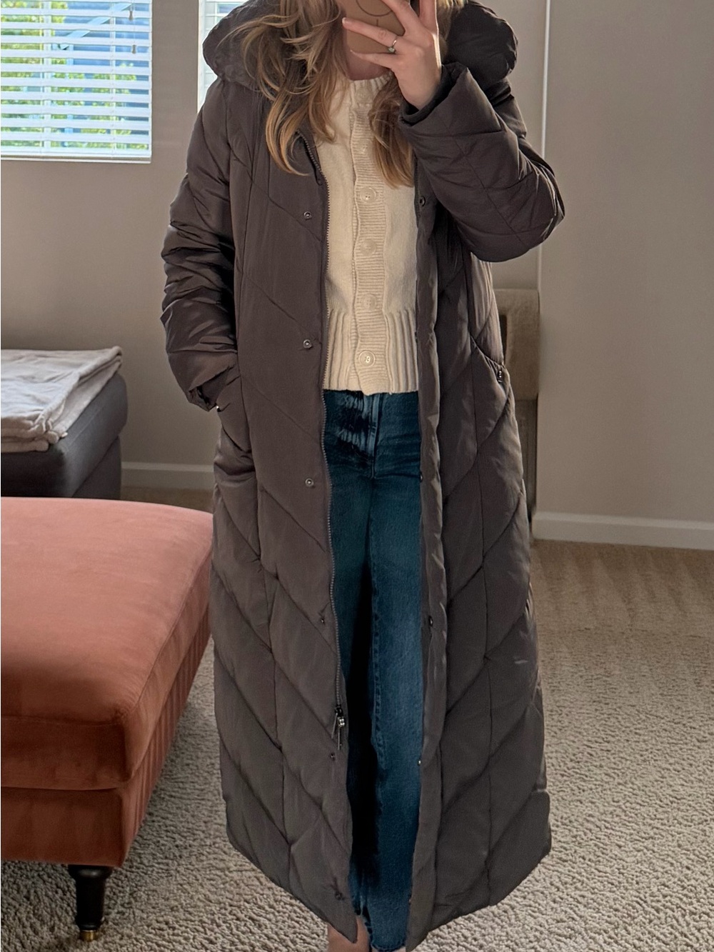 Steve Madden Long Quilted Puffer Coat in Charcoal